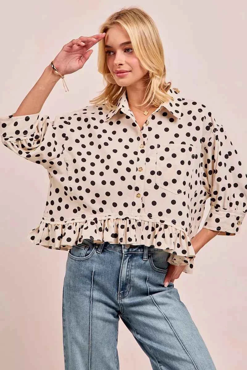 Polka Dot Printed Peplum Top with Front Button d2ae2bf48b3e4676b0fcdd958da872a2-Max-Origin