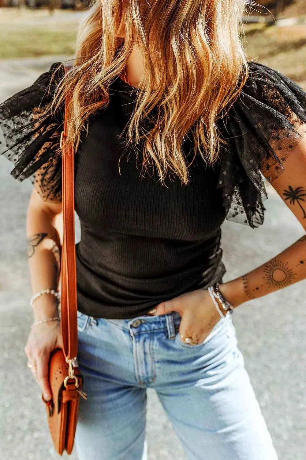 Polka Dot Mesh Sleeve Ribbed Top Black d2b8731f-cebb-4a7f-b410-1810cdc580cb-Max-Origin