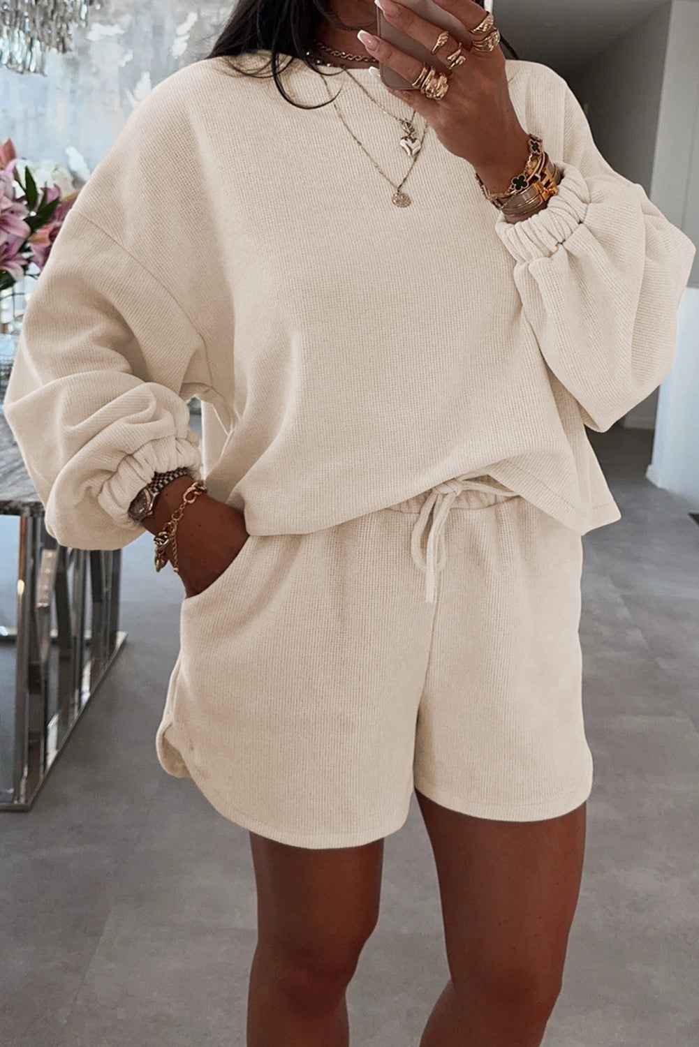 Fushia Textured Knit Drop Shoulder Pullover Drawstring Shorts Set d2bad39813f60810