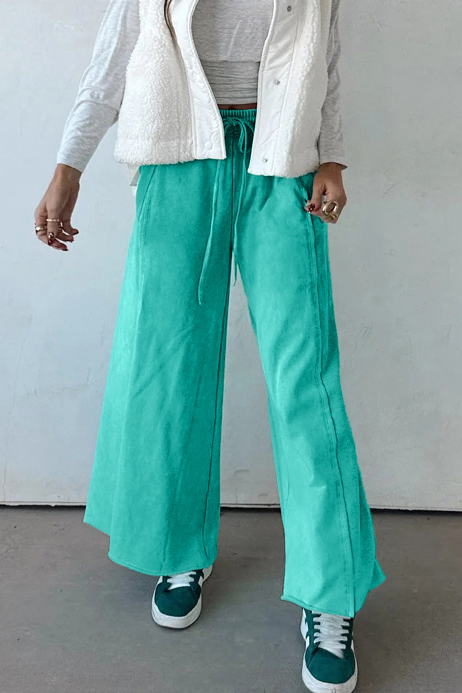 Sea Green Mineral Wash Drawstring Elastic Waist Raw Hem Loose Pants d2bf5fd99ea723f3