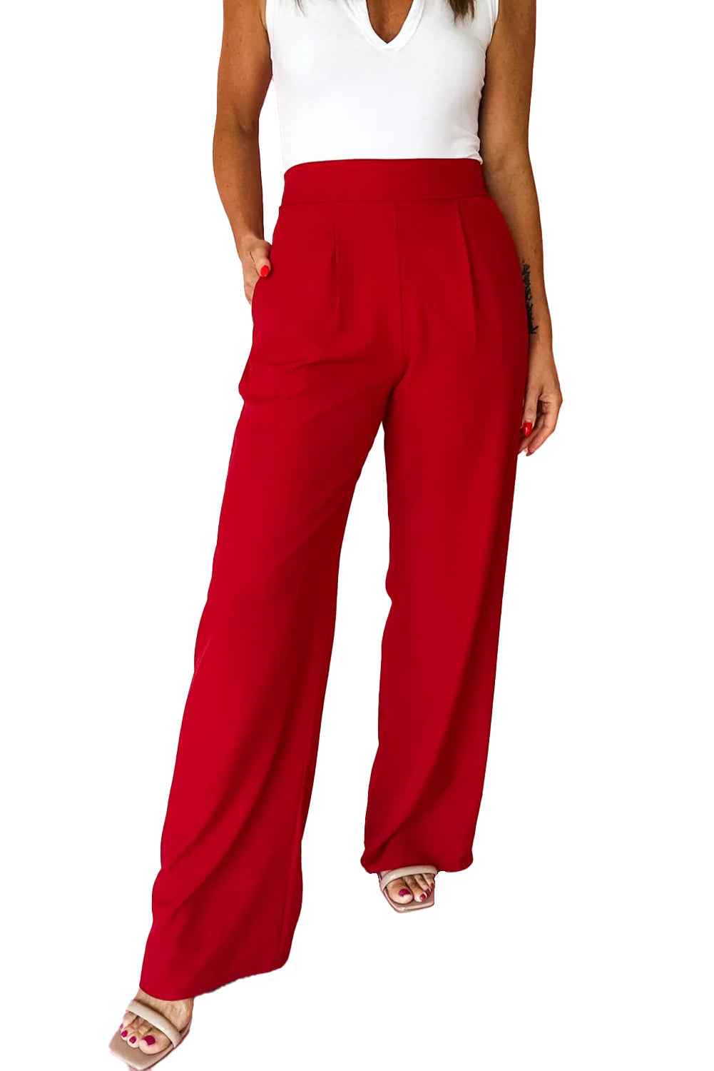 Fiery Red Pleated Detail Pull On Pants d2c20bdb1f8db005