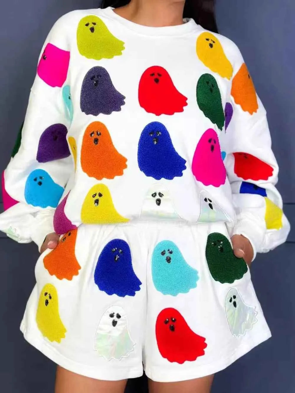 Ghost Printed Round Neck Long Sleeve Top and Shorts Set White d2c328b4-b43e-4ac6-81da-e6a905c76cb3-Max