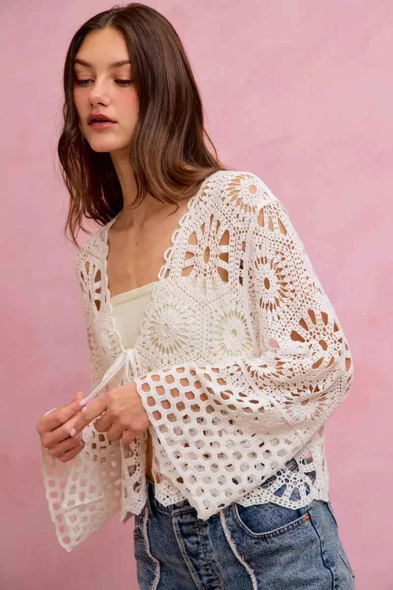SO ME Floral Pattern Crochet Knit Tie Front Crop Cardigan d2ca1f94adb0412db586a45da1fe8ce3-Max-Origin