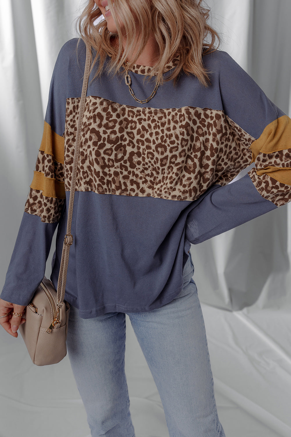 Dark Blue Leopard Colorblock Patchwork Drop Shoulder Top d2cfd4514f6d16c8