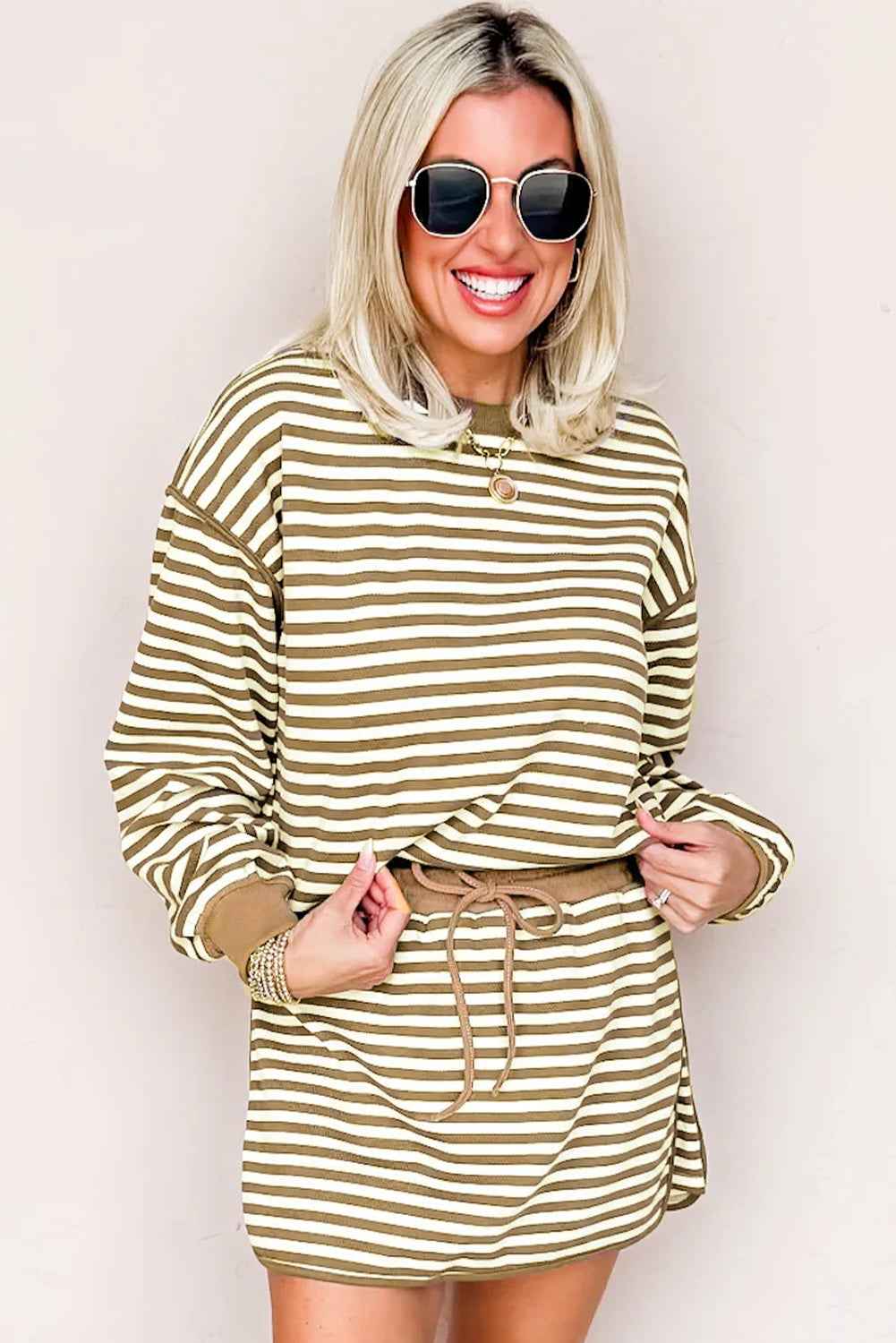 Black Stripe Textured Drop Shoulder Pullover Top Drawstring Mini Skirt Two Piece Dress Set d2d0312c2308be6a