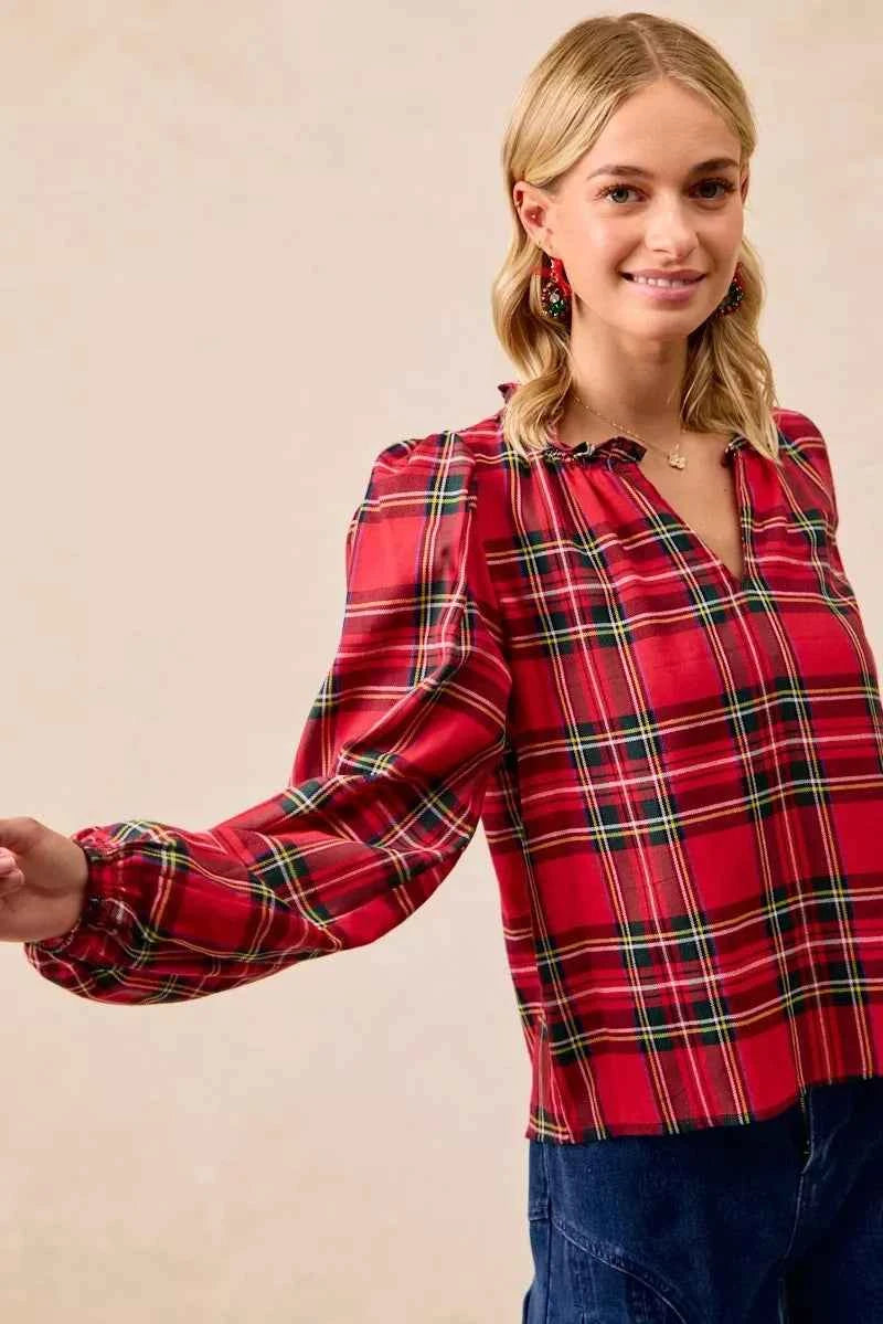 Christmas Plaid Balloon Sleeves Ruffled V-Neck Top d2d18e3e57384c2e905d0d9f56cdb20a-Max-Origin