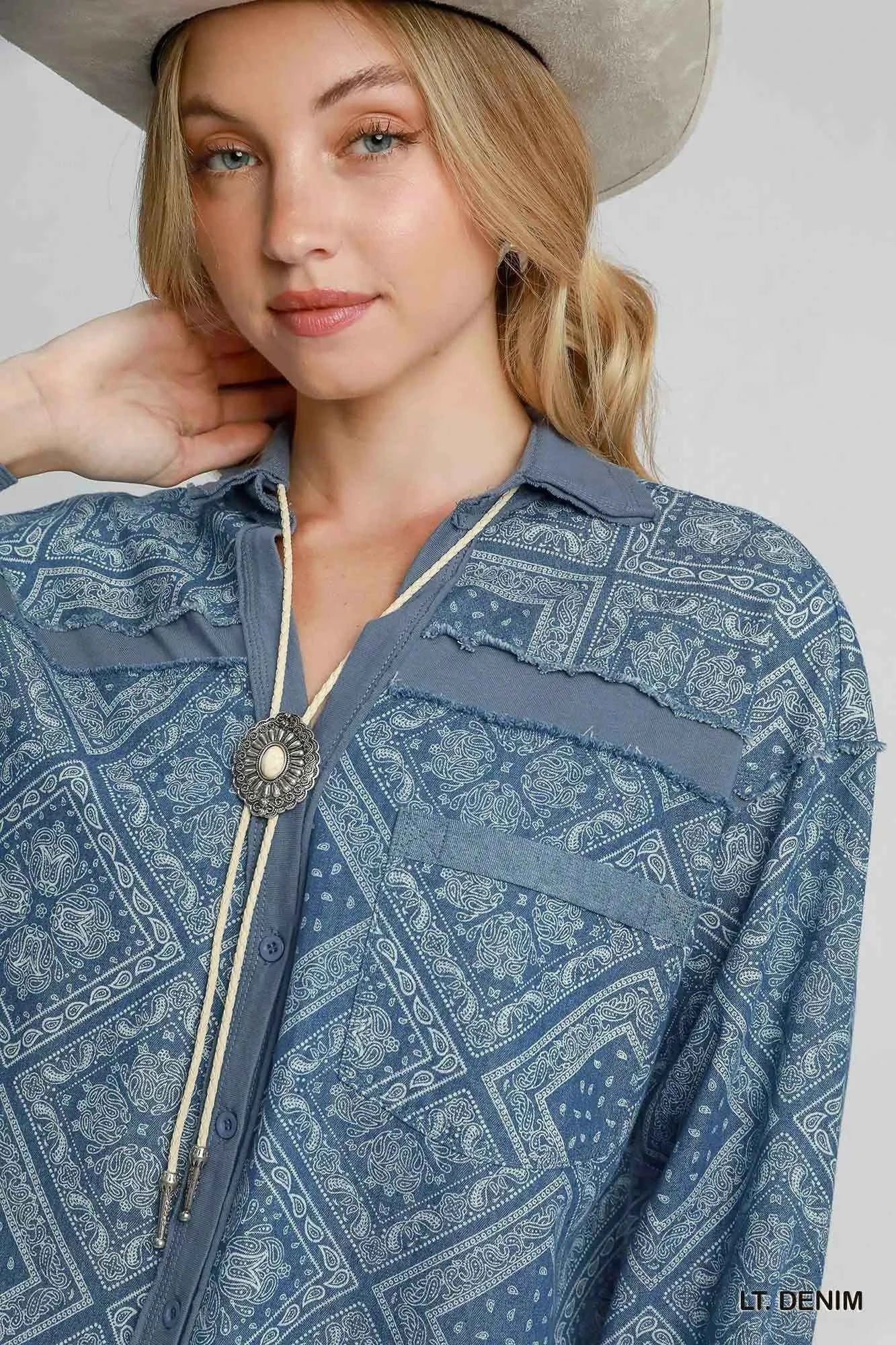 Umgee Paisley Print Denim Shirt Jacket d2d73ff6-60de-410c-af67-fdd93719596c-Max-Origin
