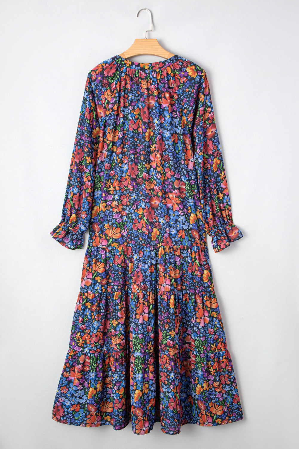 Blue Floral Print V Neck Long Sleeve Flowy Maxi Dress d2d7b8731e6df1de