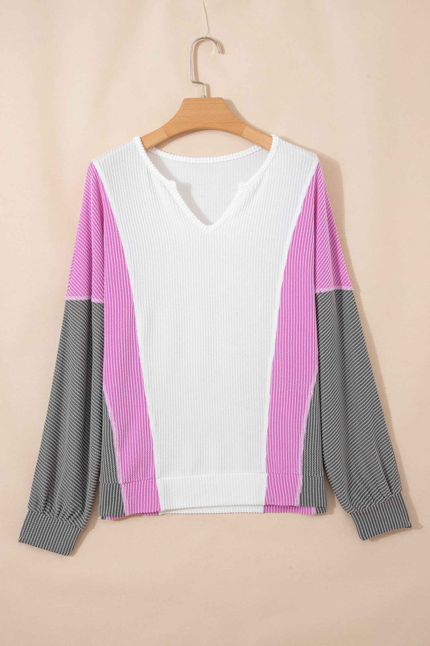 White Spiral Ribbed Raw Seam Color Block Patchwork Long Sleeve Top d2de909c71a4e1a9