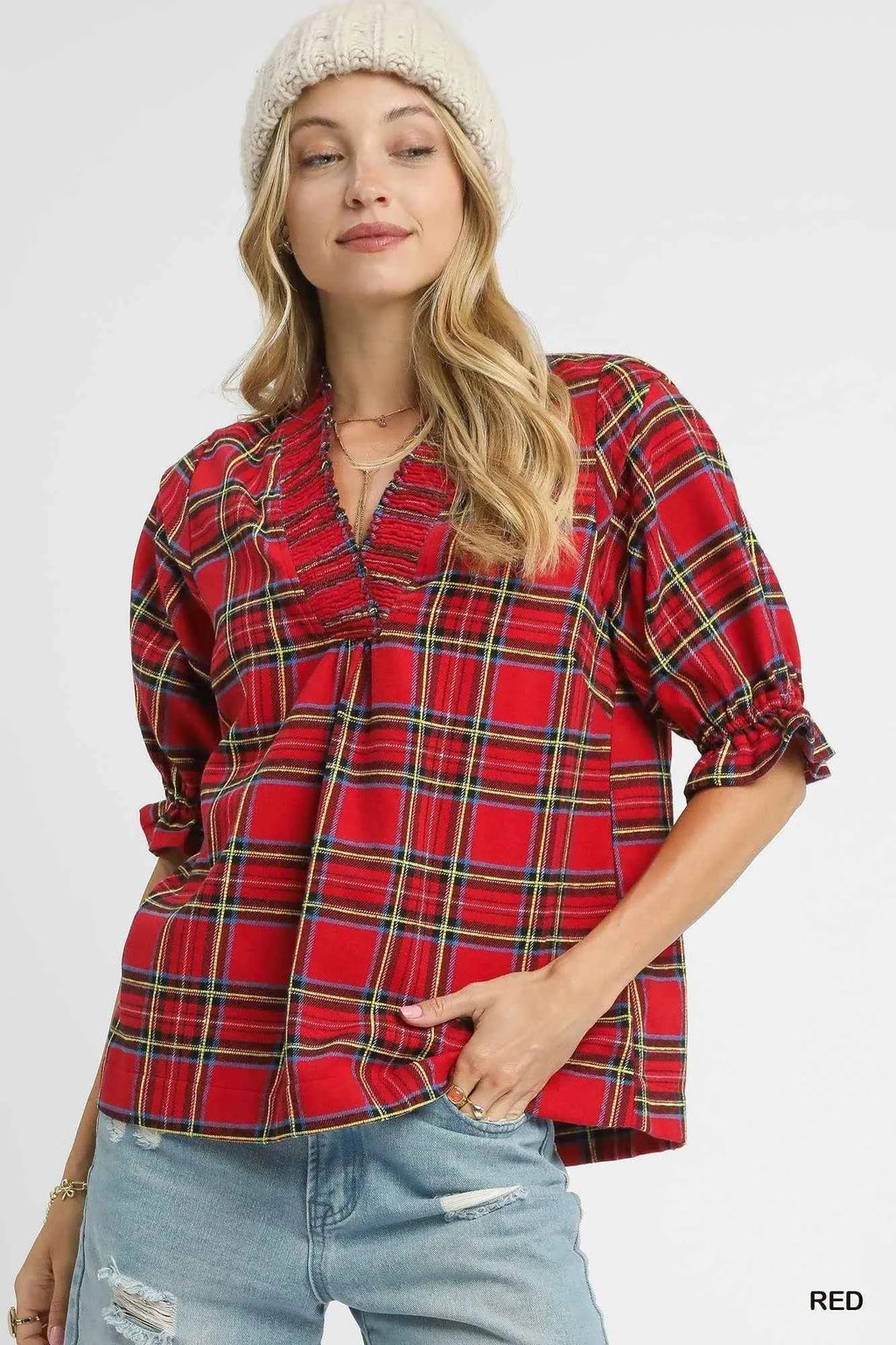 Umgee Plaid Smocked V-Neck Flannel Top Red d2debd1f-ee06-4da7-ab1d-df15b5e705cb-Max-Origin
