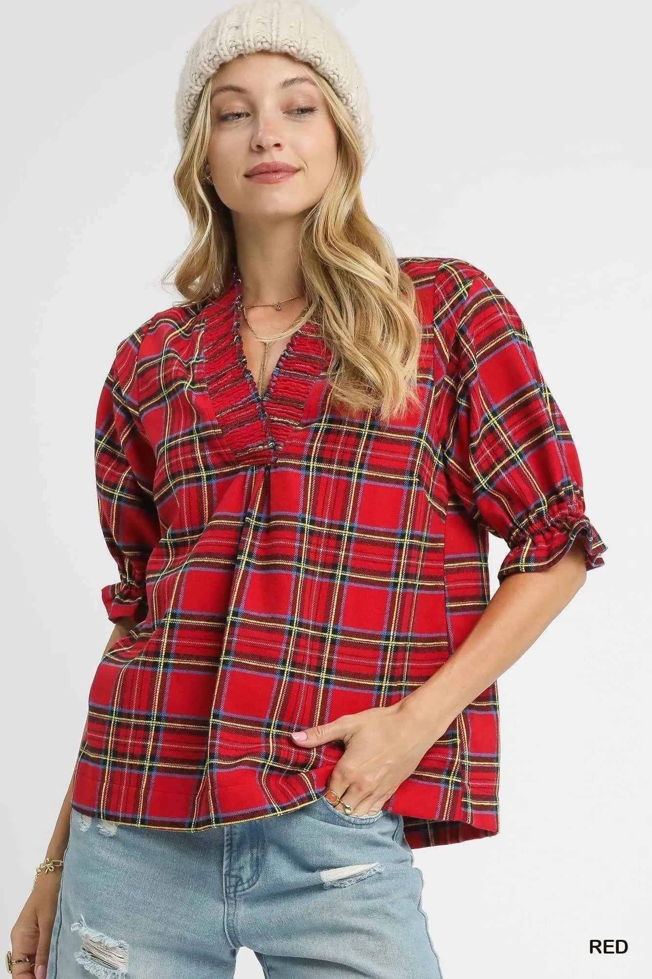 Umgee Plaid Smocked V-Neck Flannel Top Red d2debd1f-ee06-4da7-ab1d-df15b5e705cb-Max-Origin