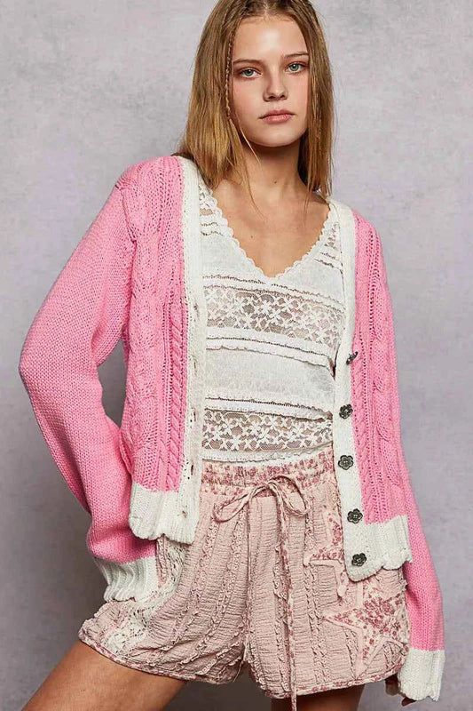 POL Button Down Cable-Knit Cardigan with Contrast Border Accents d2e9a051-121b-4d6a-9f1c-7bac517655ff-Max-Origin