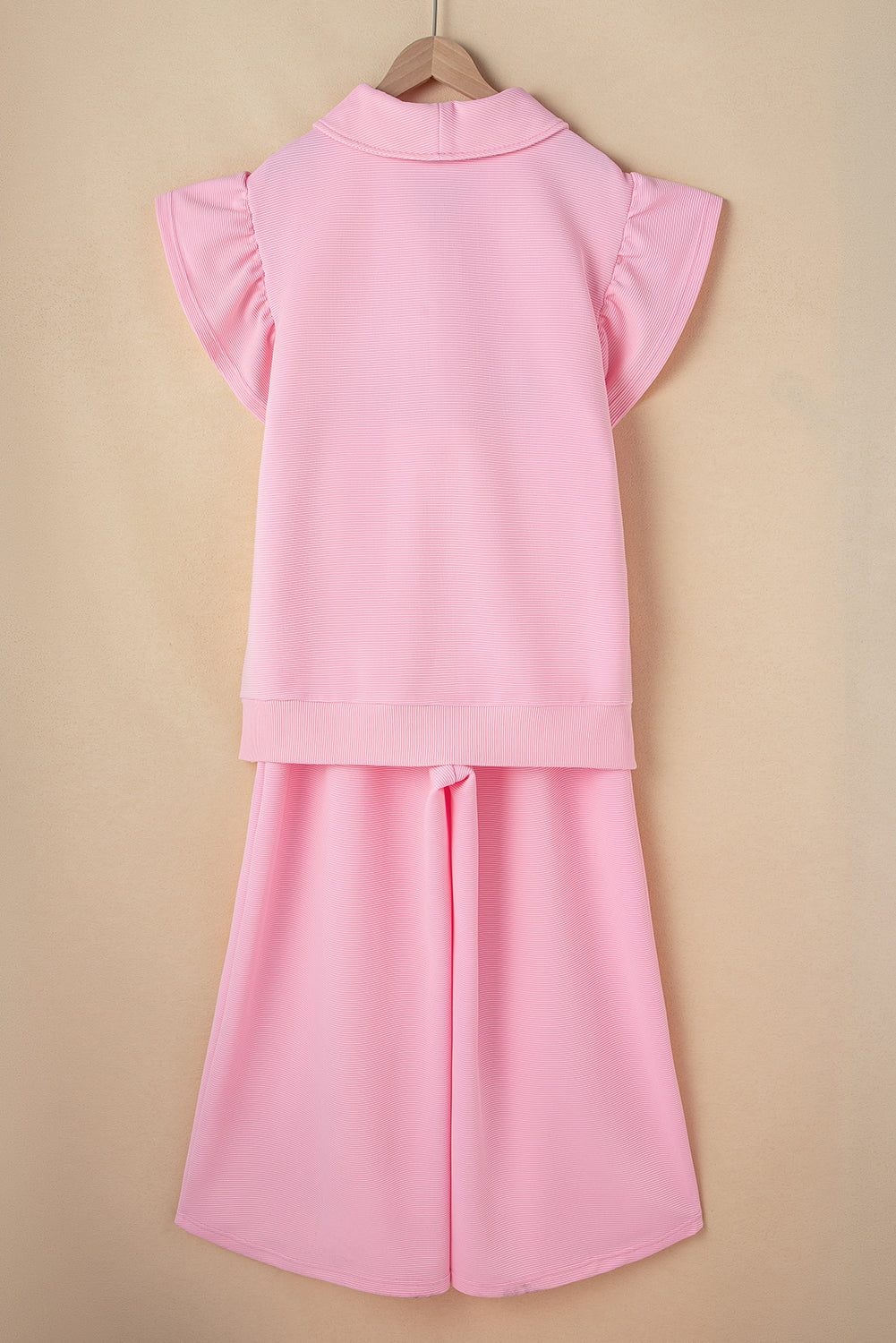 Pink Textured Ruffle Sleeve Zipped Top and Wide Leg Pants Set d2ea69896cfed494