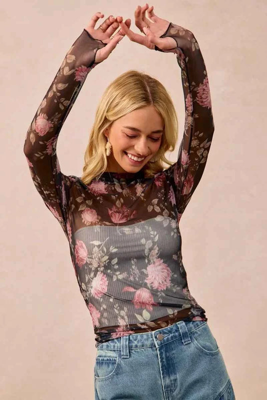 Flower Printed Mesh Lace Top with Thumb Opening d2eaec4328d0413ca455f1ffbdfbc271-Max-Origin