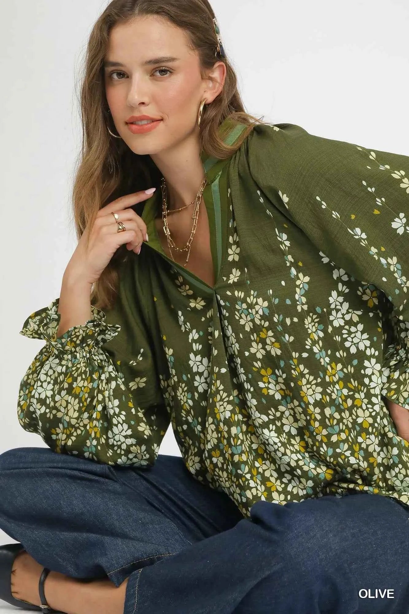Umgee Floral Vine Print Blouse with Balloon Sleeves d2ec47ec-60d9-4a67-8c0c-0498ac674771-Max-Origin