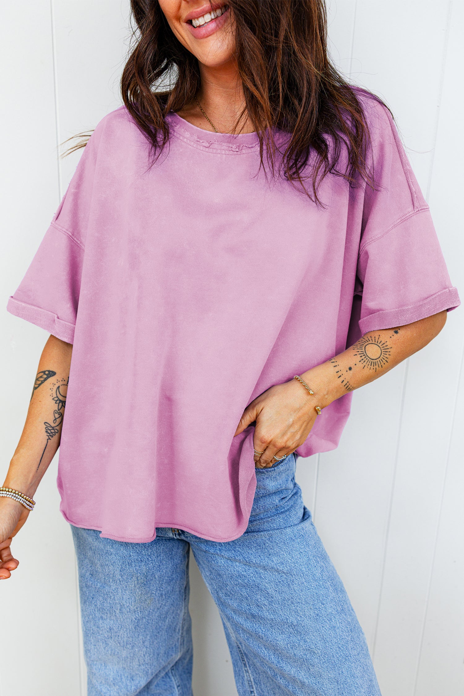 Lavendula Mineral Wash Drop Shoulder Raw Edge Loose Tee d2efe7d738473b7c