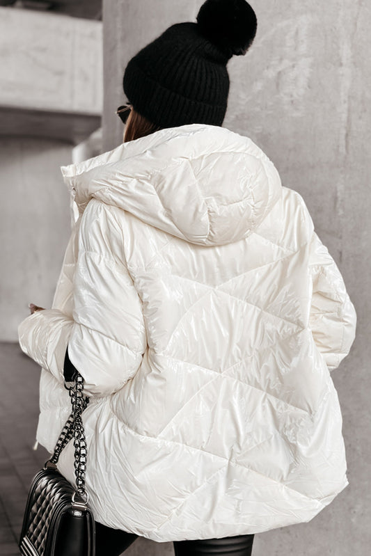 White Solid Quilted Hooded Zip Up Puffer Coat d2f2ffa4e9c6f2b0