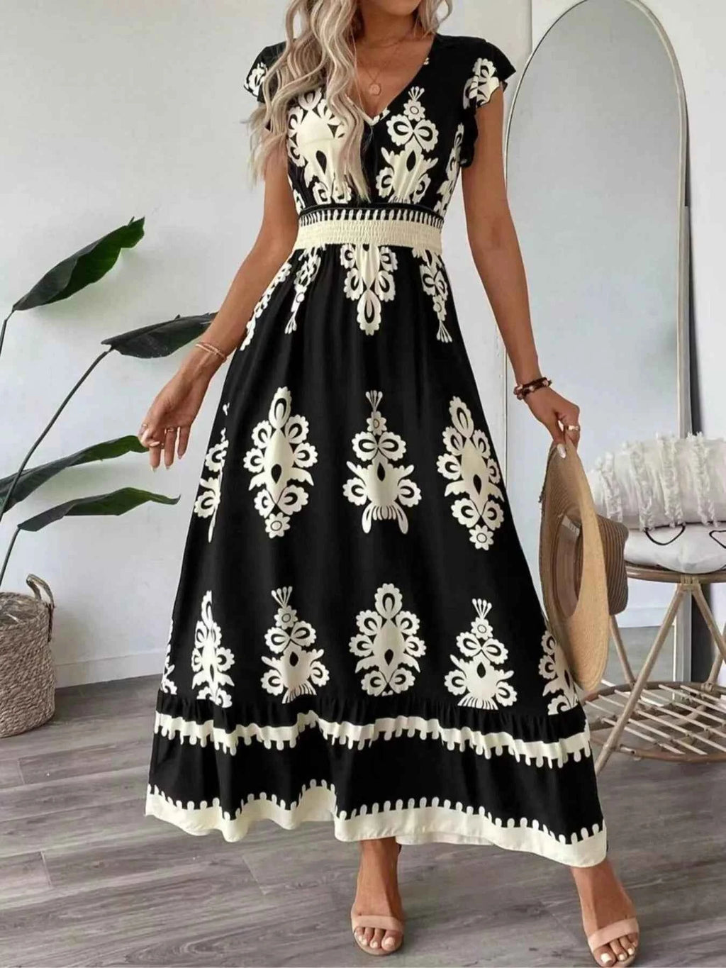 Printed V-Neck Ruffled Cap Sleeve Dress d2f506fcf514469eaf285d1cbe6a915f-Max-Origin