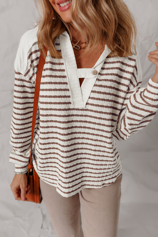 Khaki Stripe Textured Hooded Long Sleeve Top d2f5c0b383e70e11