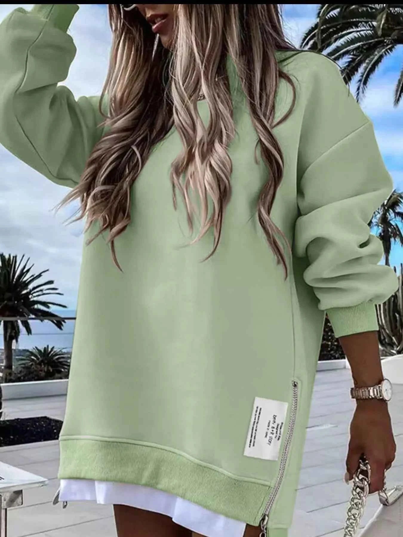 Side Slit Round Neck Long Sleeve Sweatshirt