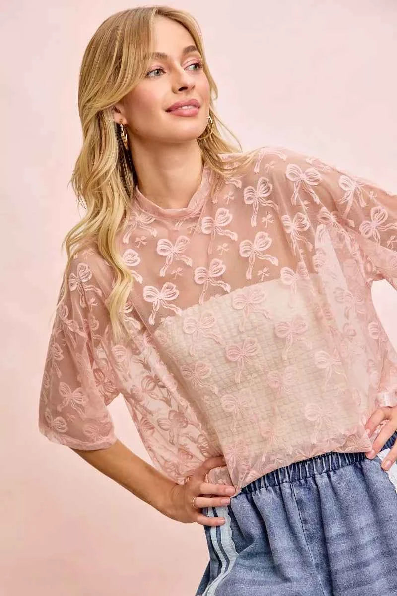 BiBi Bow Pattern Short Sleeves Boxy Mesh Top d2fa3b7386aa4c90b1ca2ed97e707388-Max-Origin