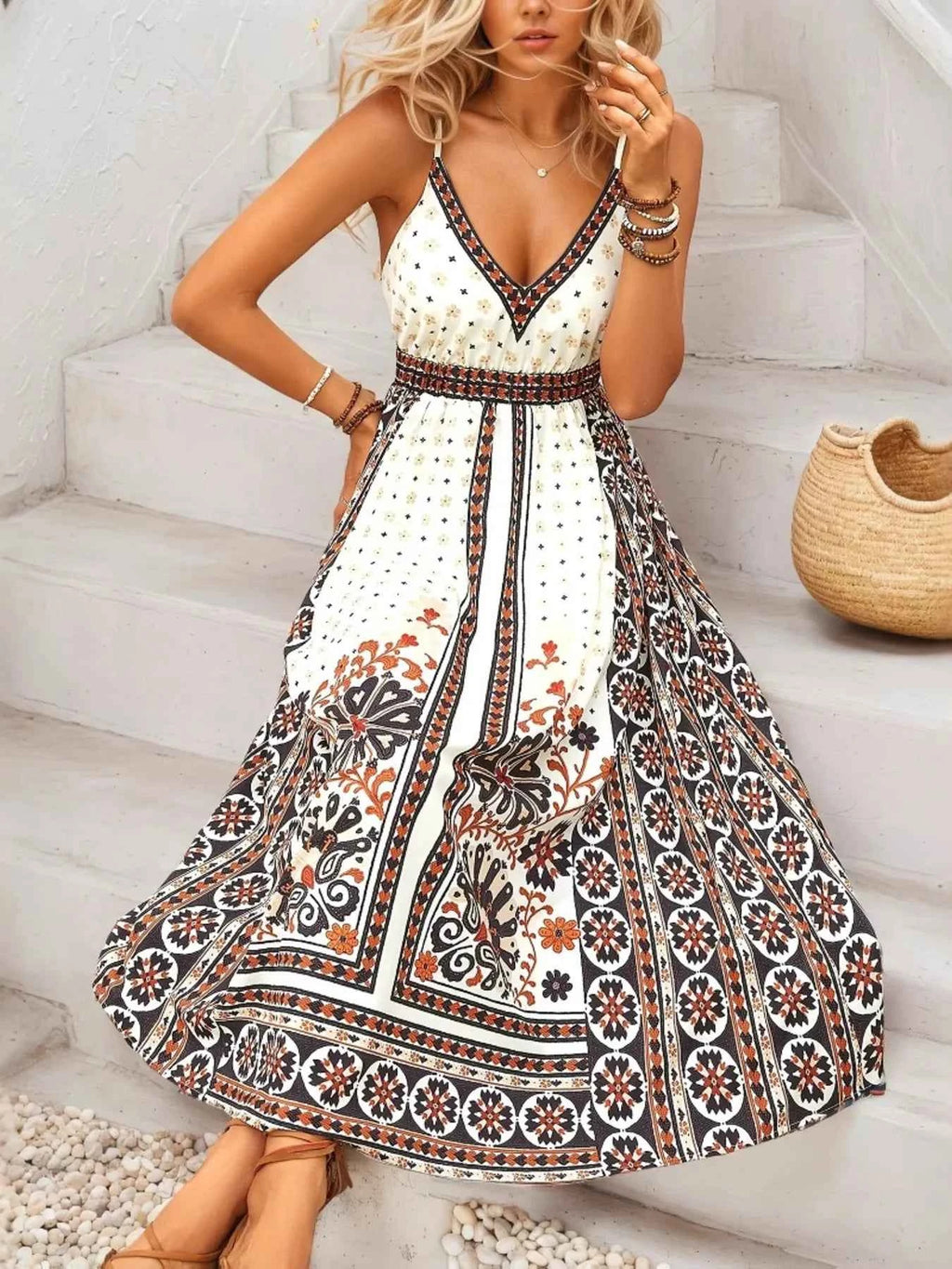 Printed V-Neck Midi Cami Dress d2ff1c9c37a34ebfa29a4b96ed7e9ffd-Max-Origin