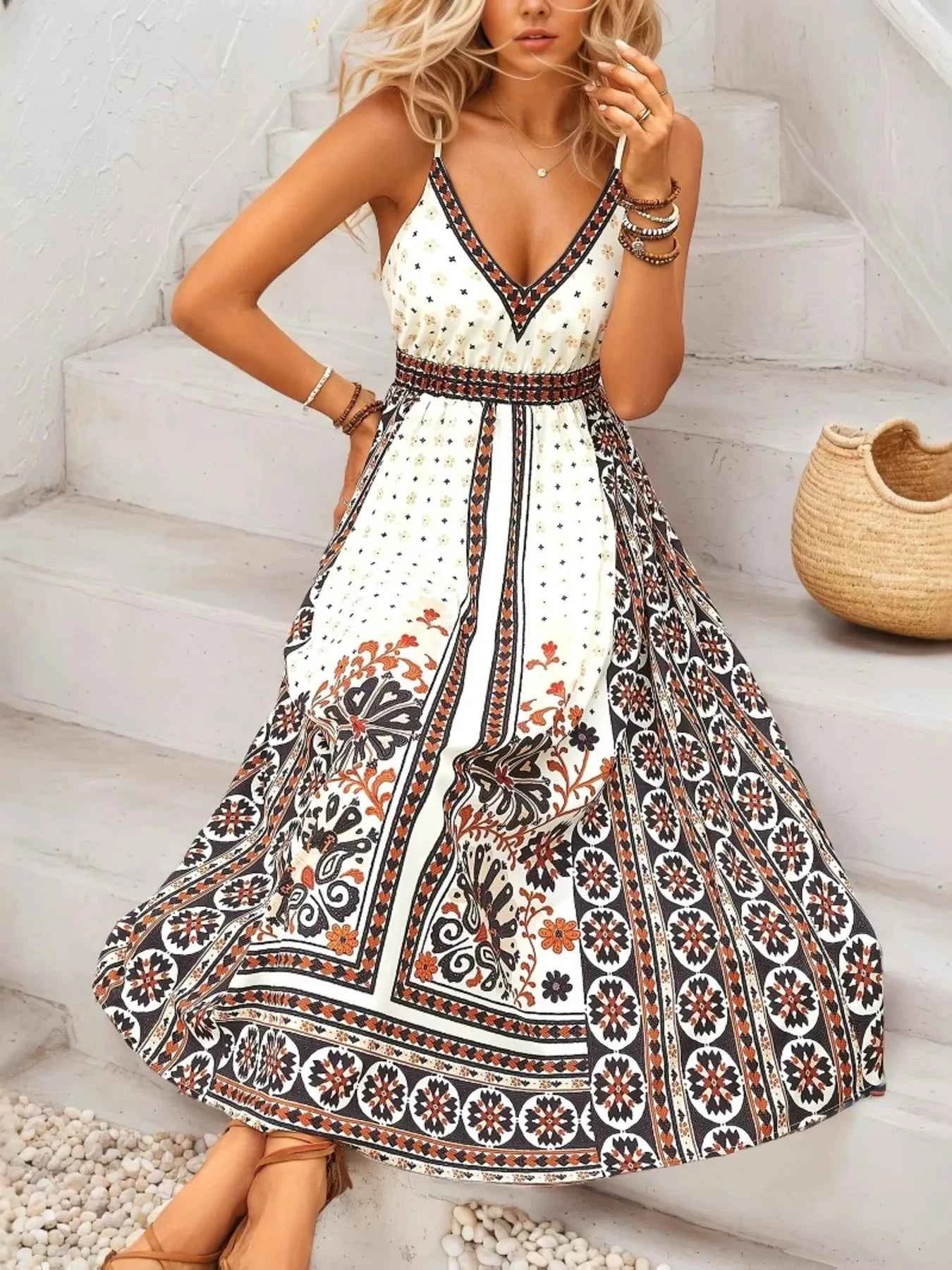 Printed V-Neck Midi Cami Dress d2ff1c9c37a34ebfa29a4b96ed7e9ffd-Max-Origin