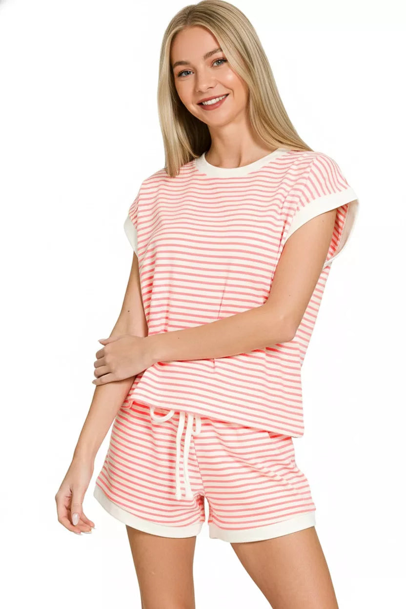 Zenana Stripe Contrast Trim Top & Shorts Set DK PINK d3082af3-5ae6-4c90-9b94-9f4d8765e103-Max-Origin
