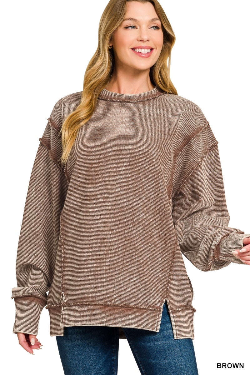 Zenana Acid Washed Double Ribbed Exposed-Seam Sweatshirt BROWN d30aceb2d8914803860f3359446ef0ea-Max