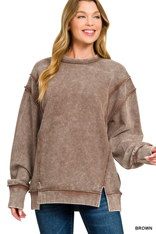 Zenana Acid Washed Double Ribbed Exposed-Seam Sweatshirt BROWN d30aceb2d8914803860f3359446ef0ea-Max