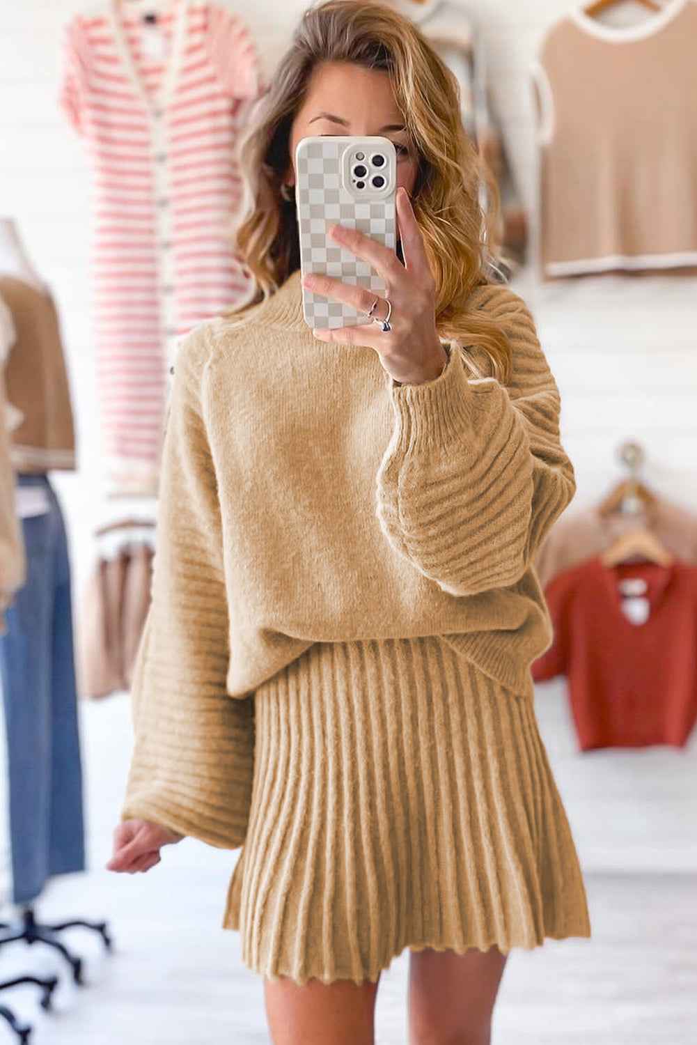 Black High Neck Puff Sleeve Sweater Pleated Mini Skirt 2pcs Knitted Outfit d30c3e517148a6fb