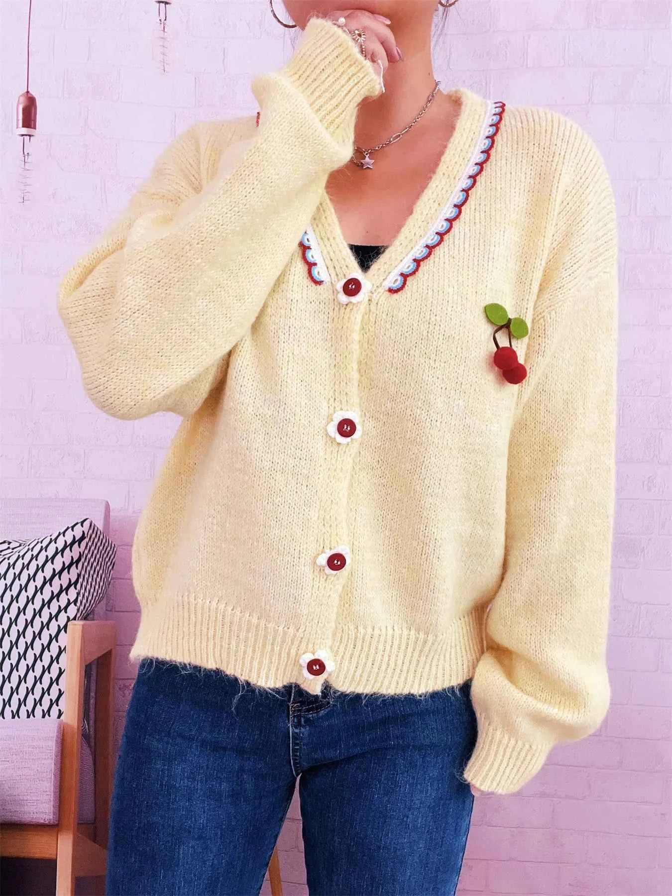 Cherry Button-Front Long Sleeve Cardigan d30da9c4675349d184b21885167ccd6f-Max-Origin