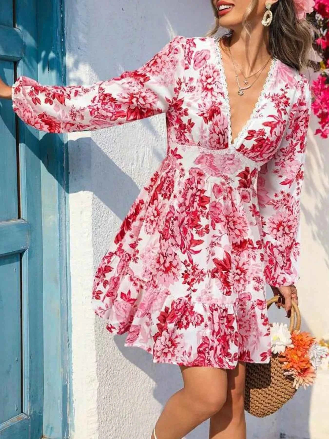 Full Size Floral V-Neck Long Sleeve Dress Plus Size Hot Pink d311e1bf-5d8f-4be4-9424-f80f38dc9c4d-Max-Origin