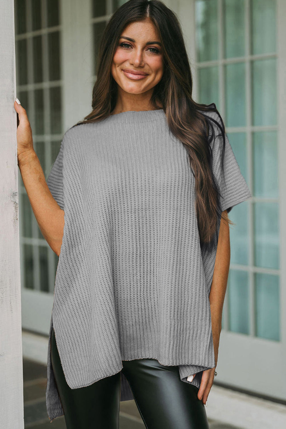 Rose Red Side Slit Short Sleeve Oversized Sweater d31536f620cf5b72