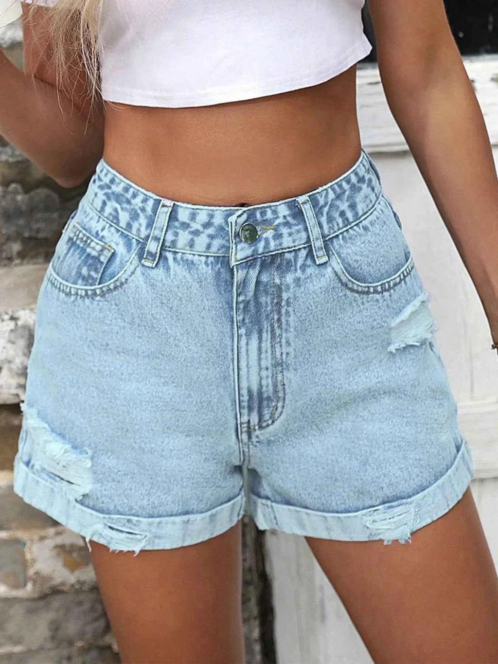 High-Waisted Distressed Denim Shorts Light d319e92c46c540f0b6e79484048930c9-Max-Origin