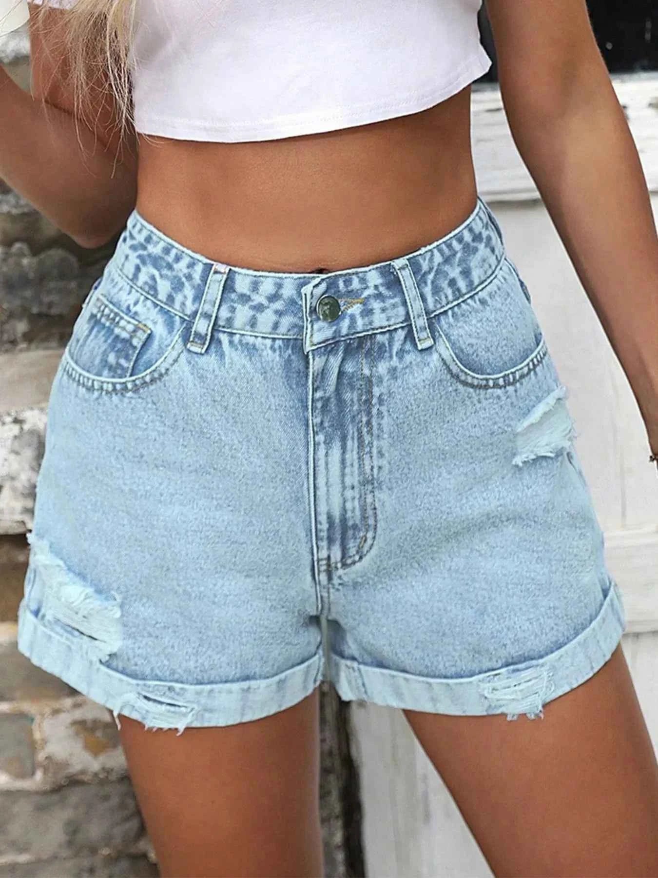 High-Waisted Distressed Denim Shorts Light d319e92c46c540f0b6e79484048930c9-Max-Origin