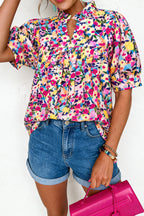 Pink Flower Print Frilled Collar Short Puff Sleeve Summer Blouse Pink 100%Polyester d31ba4f004a74183