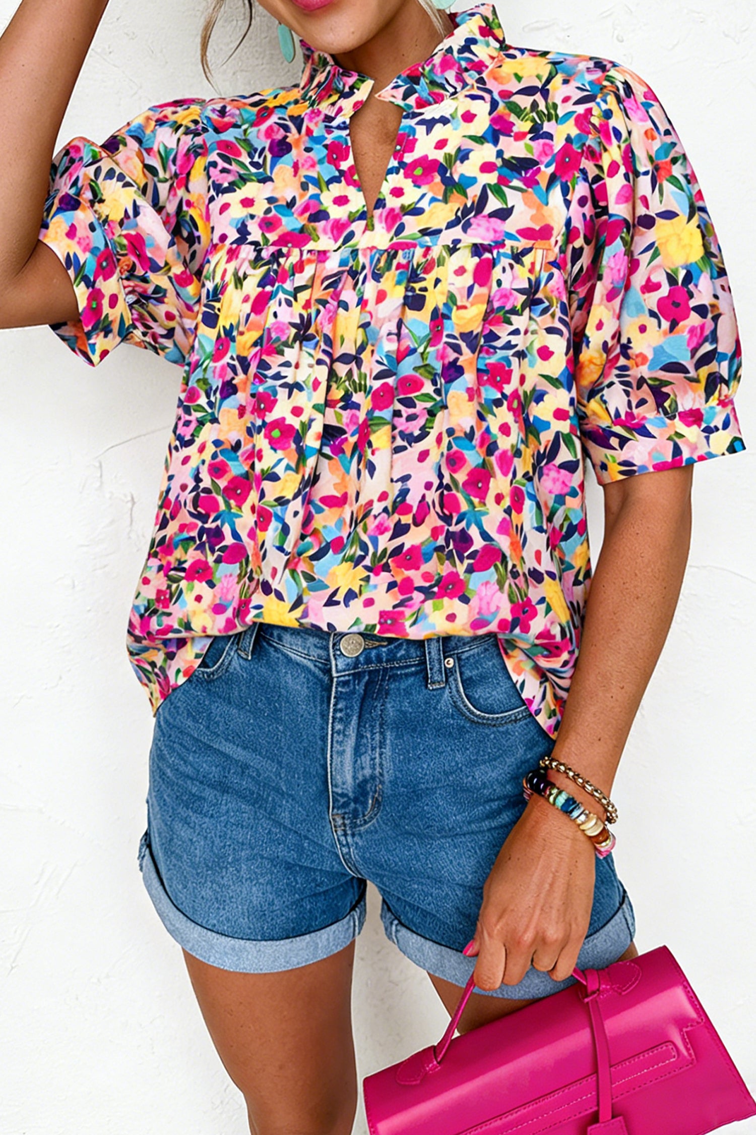 Pink Flower Print Frilled Collar Short Puff Sleeve Summer Blouse Pink 100%Polyester d31ba4f004a74183