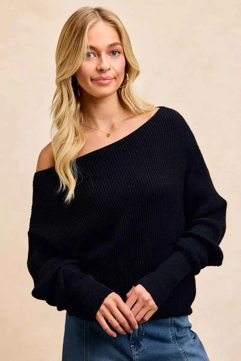 BiBi Waffle Knit Off Shoulder Top BLACK d31ce842b984465ca8125f297d0df73a-Max-Origin