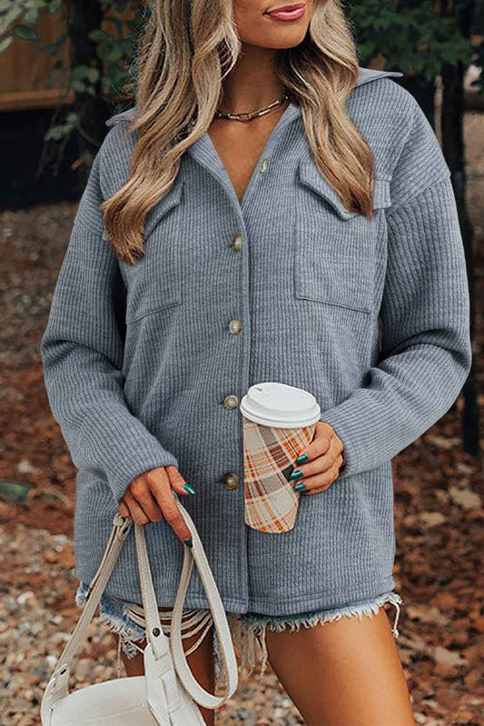 Medium Grey Ribbed Knit Buttons Front Flap Pocket Casual Shacket Medium Grey 85%Polyester+10%Viscose+5%Elastane d3231e7d71c7cc5f