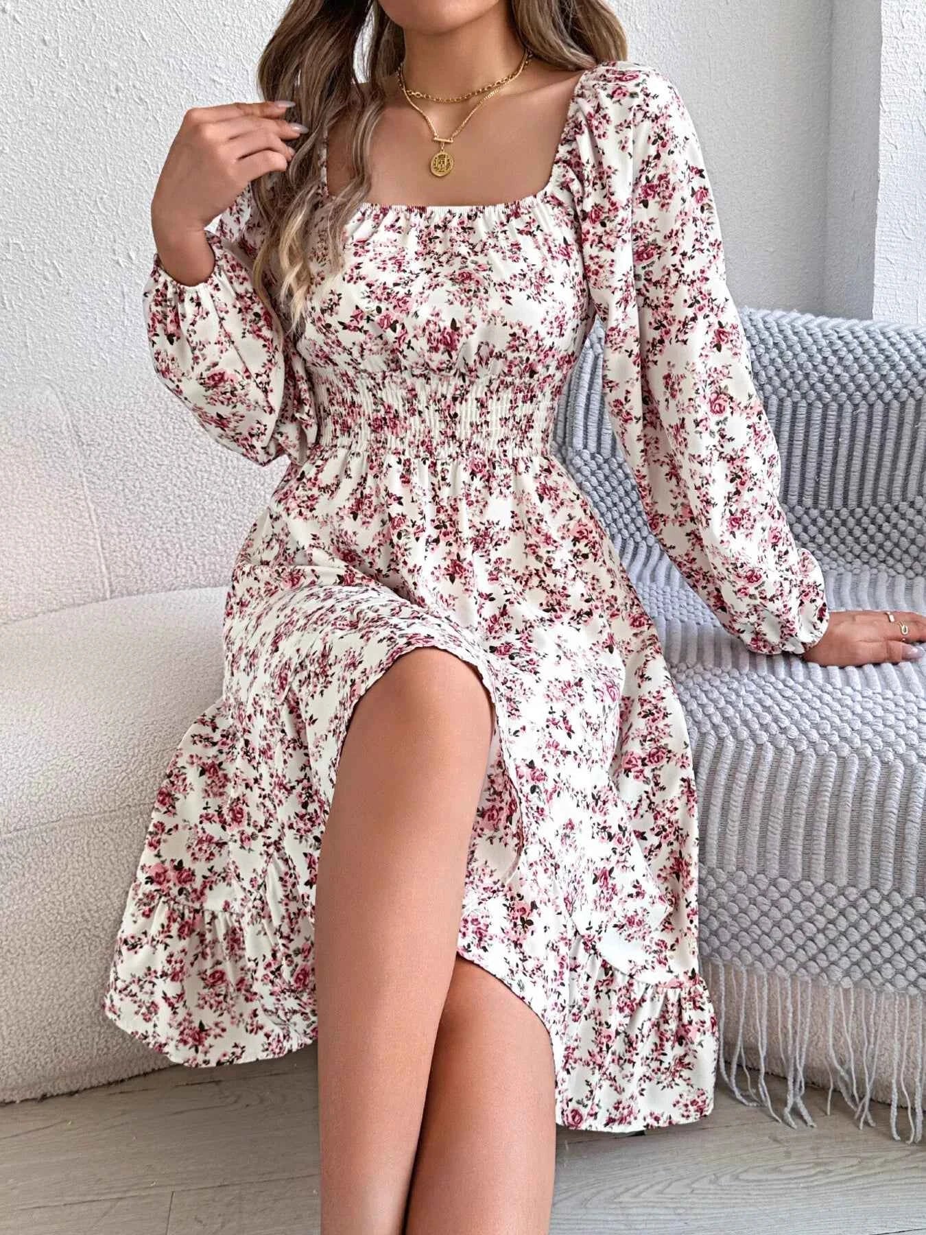 Floral Print Long Sleeve Square Neck Midi Dress White d32629e4033542a9a53f46bd8afab285-Max-Origin