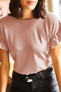 Dusty Pink Solid Color Ribbed Ruffled Short Sleeve T Shirt Dusty Pink 65%Polyester+25%Viscose+10%Elastane d326954a9ff6755c