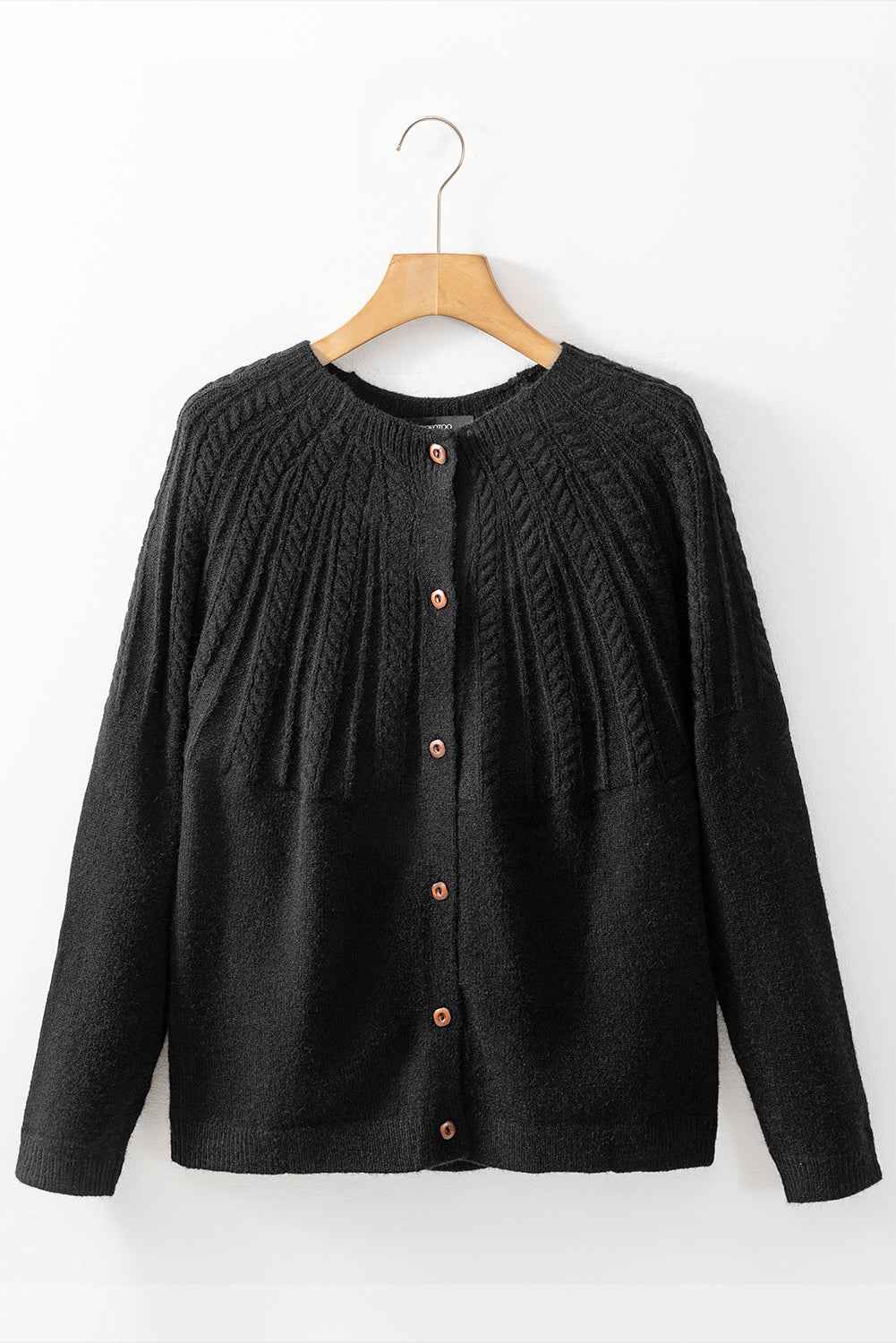 Black Solid Color Textured Detail Button Down Long Sleeve Sweater Cardigan d326b57253fa226d
