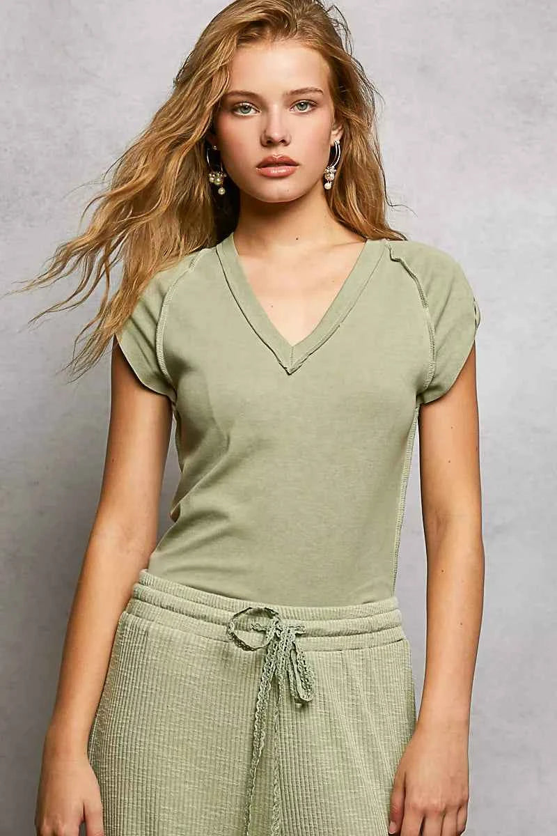POL V-Neck Short Sleeve Washed T-Shirt with Outseam HERB d328c386-86a9-44d1-a272-2de2b1fbb76b-Max-Origin
