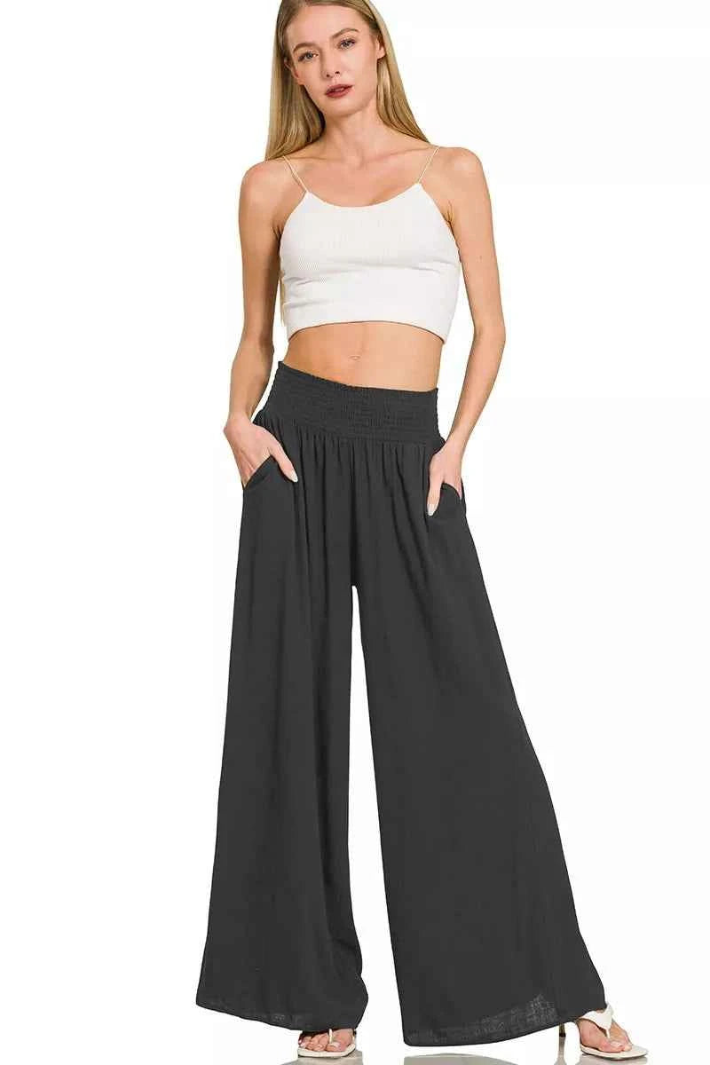 Zenana Smocked Waistband Wide Leg Lounge Pants d32911881f724f8b8242b42bb3e58cef-Max-Origin