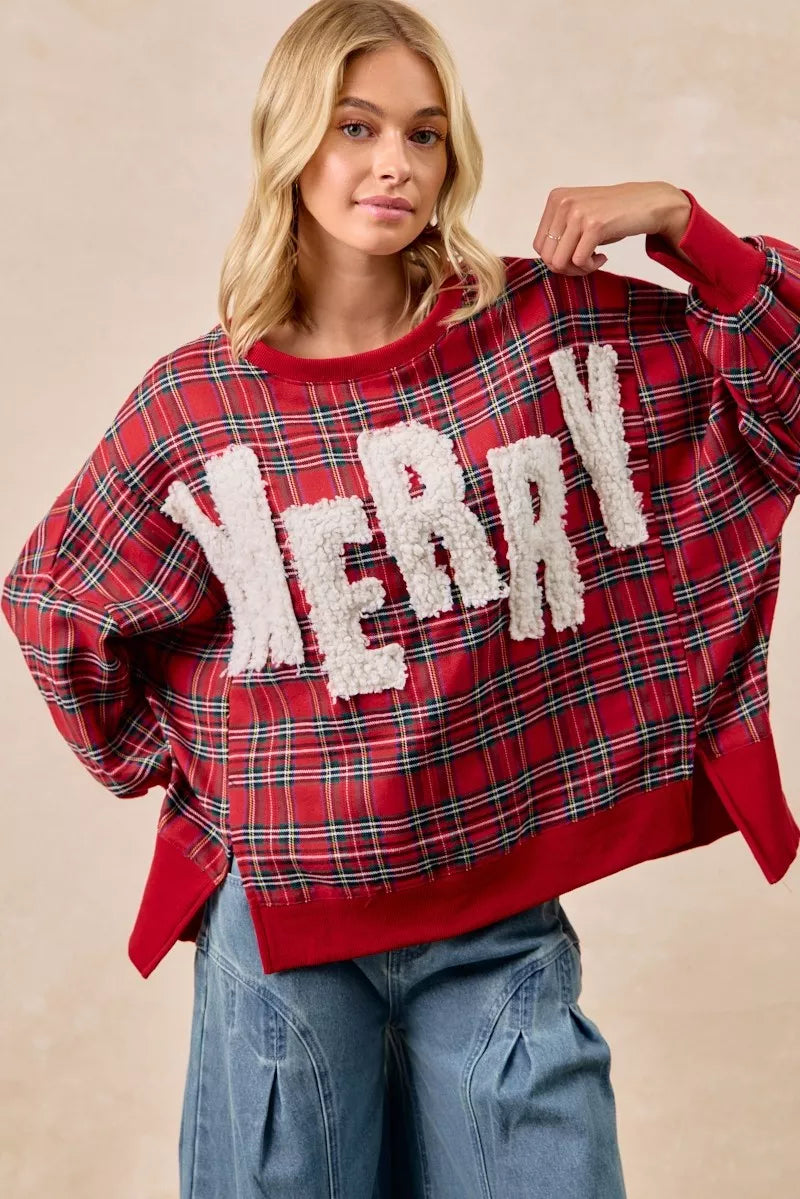 BiBi Merry Letter Patches Christmas Plaid Sweatshirt d329ddfa00104240839eb3da570649e6-Max-Origin