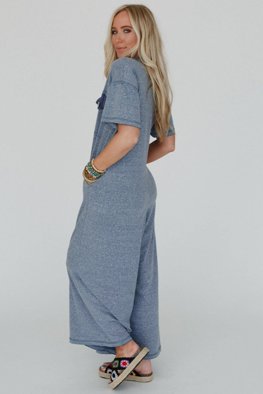 Beau Blue Patchwork Pocket Short Sleeve Jumpsuit d32e3fd8ad7277b0