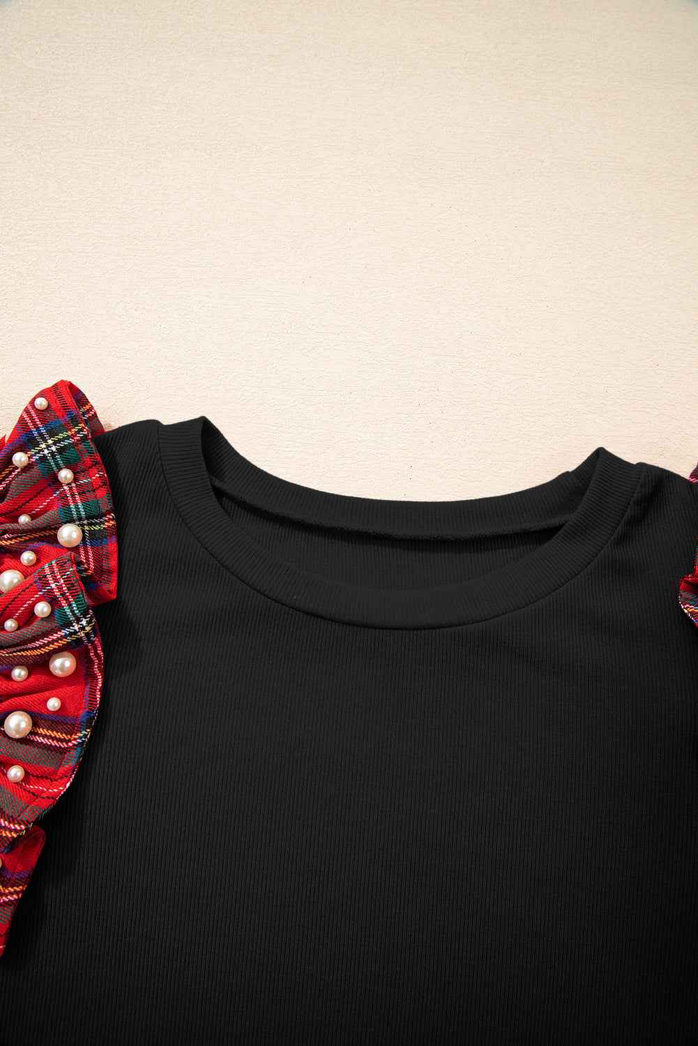 Racing Red Pearl Plaid Ruffle Sleeve Loose T Shirt d32eaf4273bb0634