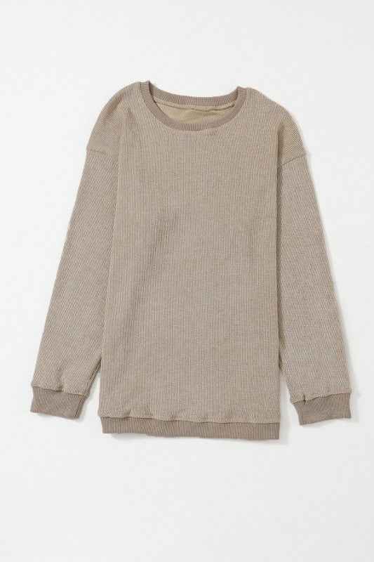 Solid Ribbed Knit Round Neck Pullover Sweatshirt d3388544-9f79-4c07-abc3-60b3c8c22214