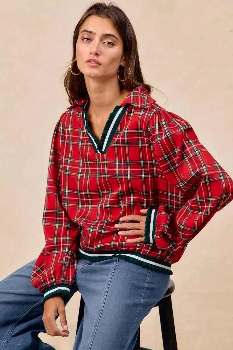 BiBi Christmas Plaid Collared Top with Ruffled Detail d340751fa8574ee3a8de6ca6b897d8bd-Max-Origin